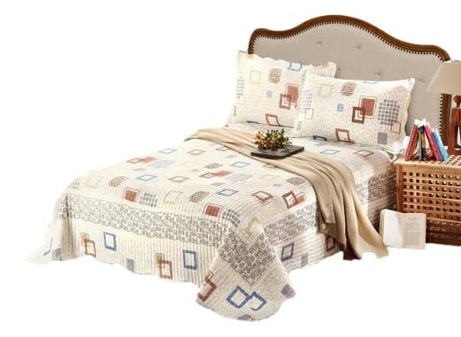Cotton Quilt Bedspread Set, Geometric Cubic Squares Ivory Scalloped