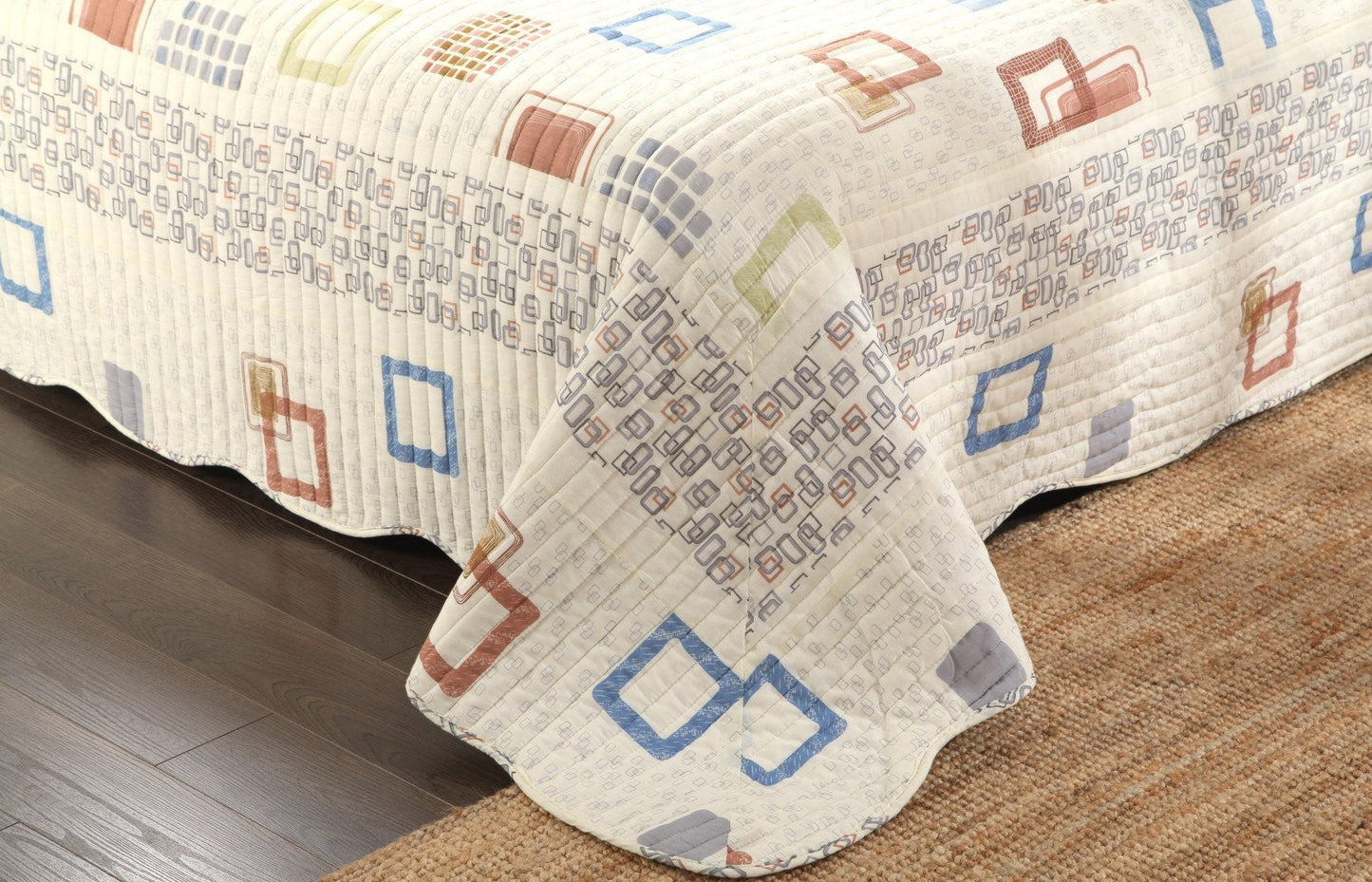 Tache Geometric Cubic Squares Ivory Scalloped Retro Cotton Quilt Bedspread Set (DSW009)