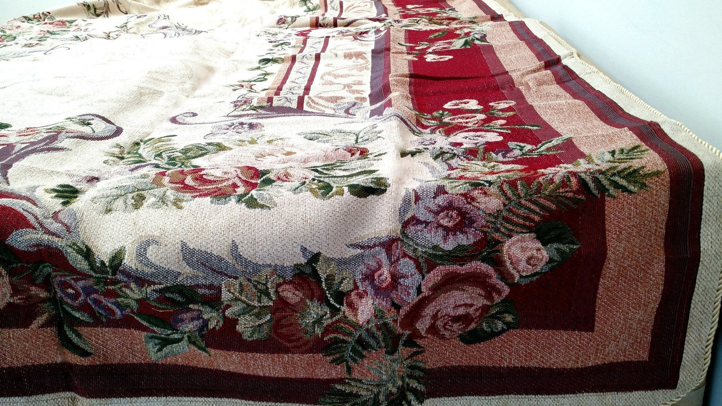 Tache Chenille Red Yuletide Blossoms Tapestry Bedspread Set Twin (DSC004)