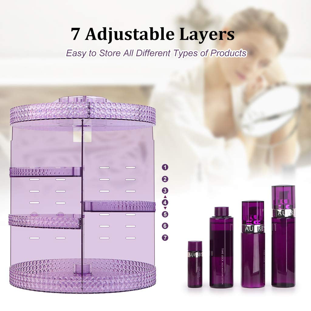 Makeup Organizer 360-Degree Rotating, Adjustable Makeup Storage, 7 Layers Large Capacity Cosmetic Storage Unit, Fits Different Types of Cosmetics and Accessories, plus Size (Purple)