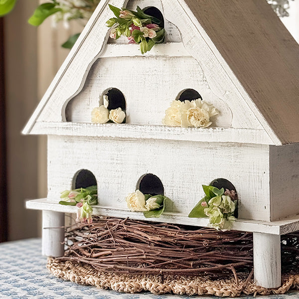 Distressed White Wood Functional Bird House | Outdoor Rated