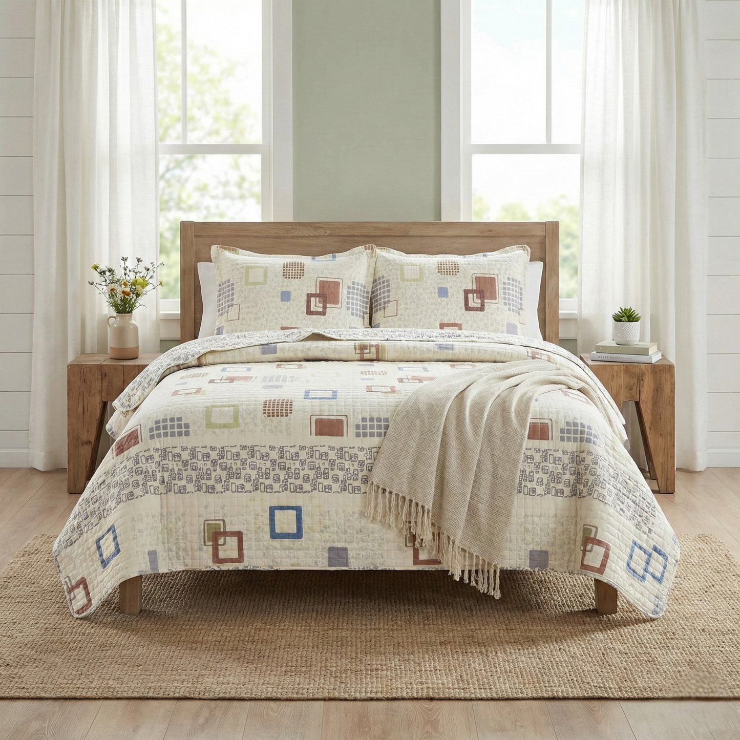 Tache Geometric Cubic Squares Ivory Scalloped Retro Cotton Quilt Bedspread Set (DSW009)