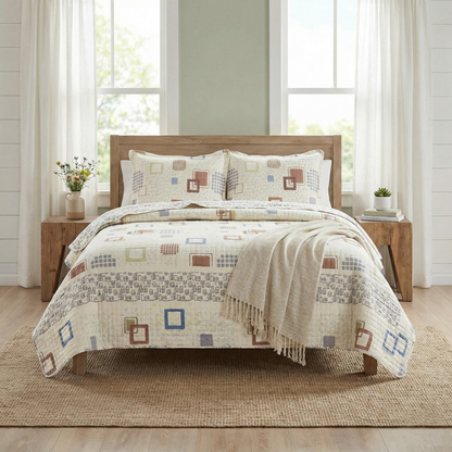 Tache Geometric Cubic Squares Ivory Scalloped Retro Cotton Quilt Bedspread Set (DSW009)