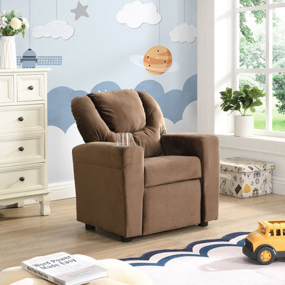 Brown Kids Recliner Chair with Cup Holder - Manual Reclining Fabric Couch
