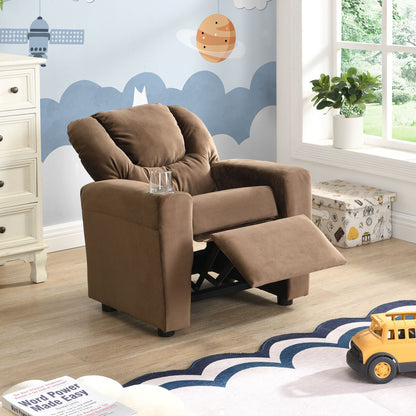 Brown Kids Recliner Chair with Cup Holder - Manual Reclining Fabric Couch