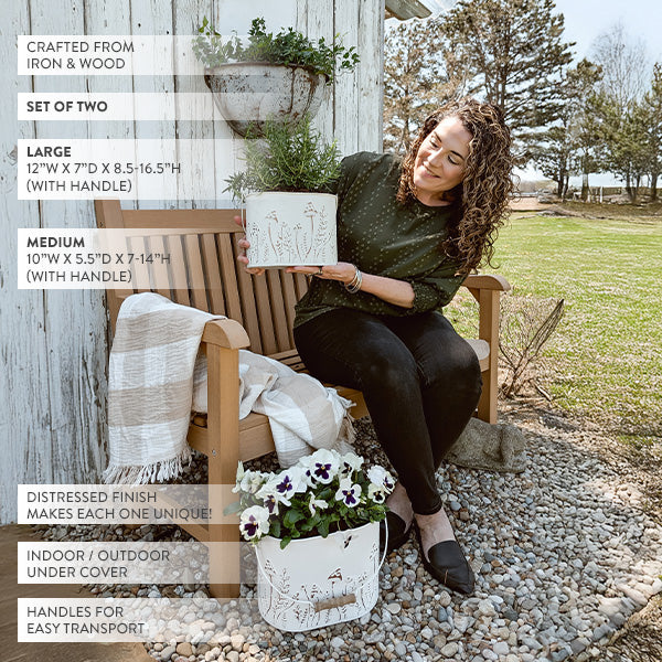 Rustic Cream Mushroom Embossed Metal Buckets, Set of Two