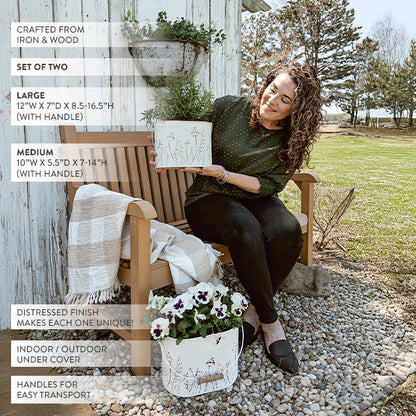 Rustic Cream Mushroom Embossed Metal Buckets, Set of Two