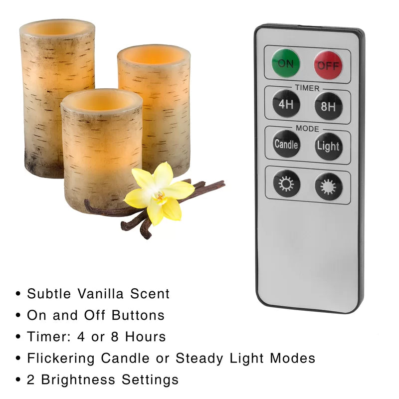 Set of 3 Vanilla Scented Flameless LED Candles – Realistic Faux Birch Bark Look, Dripless Beeswax – Safe & Stylish Indoor/Outdoor Battery Operated Pillar Candles with Remote Control, 6” Tall, Cream Beige