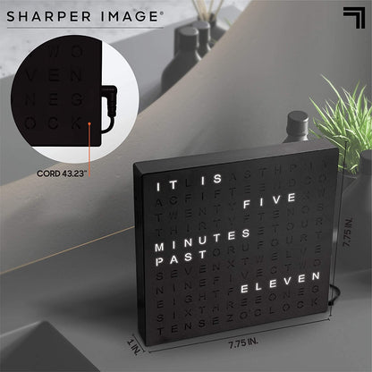 LED Light-Up Word Clock, 7.75” Square, Modern Wall or Desk Clock, USB and Adapter Included - Unique Home & Office Decor, Perfect Housewarming Gift