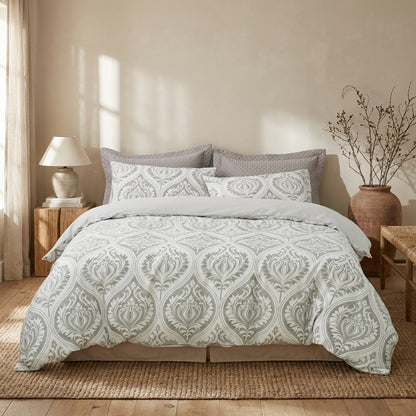 Microfiber Ogee Damask Duvet Cover, Moon Sky Gray & White