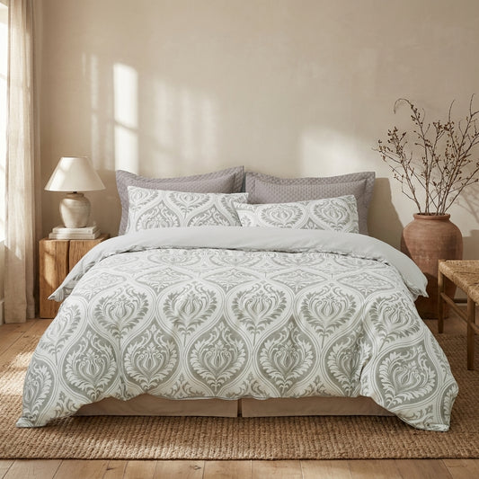 Microfiber Ogee Damask Duvet Cover, Moon Sky Gray & White