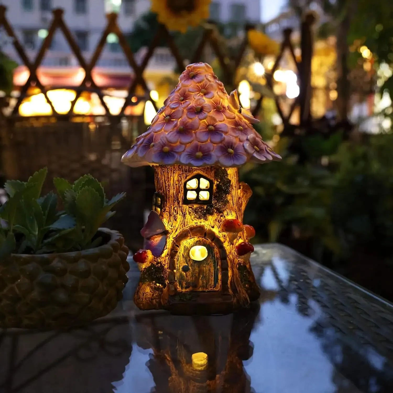 Solar Fairy Garden House Statue - Outdoor Light-Up Mushroom Figurine, Resin Lawn Decorations, Miniature Fairies House for Yard, Garden