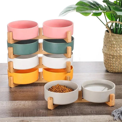 Ceramic Pet Bowl with Wooden Stand - Double Bowl Set for Dogs and Cats, Non-Spill Design, 400ml Each