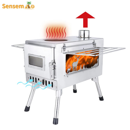 Large Portable Fire Wood Stove with Window Pipe, Outdoor Tent Heater for Camping, Ice-Fishing, BBQ, Smokeless Fire Pit with Customizable Logo