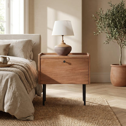Kyra 1-Drawer Nightstand in Chestnut with Metal Legs