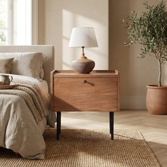Kyra 1-Drawer Nightstand in Chestnut with Metal Legs