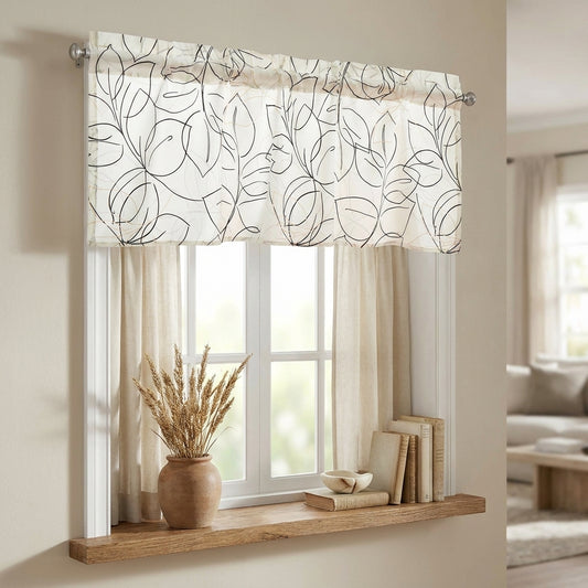 Tache Modern Abstract Leaf Line Art Foliage White Grey Black Gold Window Valance (TJ3571)