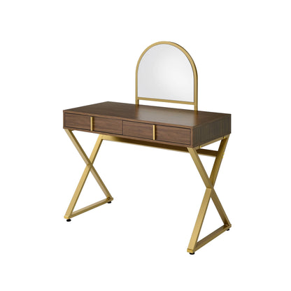 Walnut Vanity Desk with Mirror & Jewelry Tray - Gold Finish