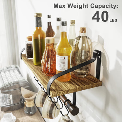 Floating Shelf Wall Shelf for Storage Rustic Wood Kitchen Spice Rack with Towel Bar and 8 Removable Hooks for Organize Cooking Utensils or Mugs Carbonized Black