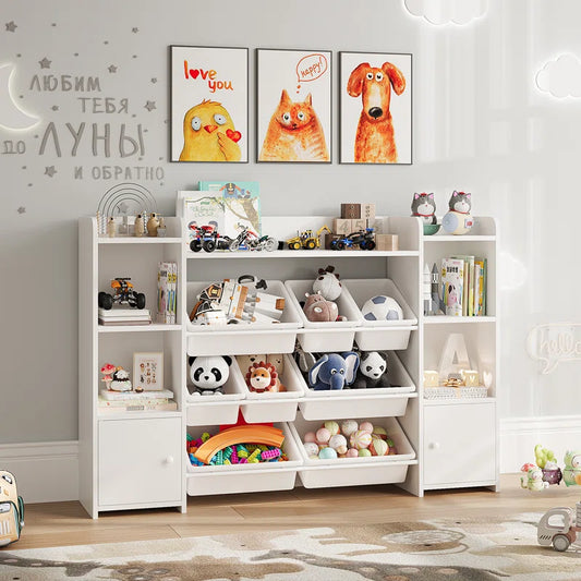 Lafon Kids Toy Organizer with 8 Bins and 2 Cabinets – Durable Wooden Storage Unit for Playroom, Bedroom, or Nursery