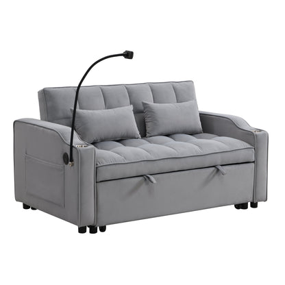 Modern Velvet Sleeper Loveseat with Pullout Bed and USB Ports - Light Gray