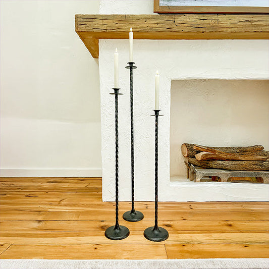 Tall Hand-Forged Cast Iron Floor Candle Holders, Set of 3