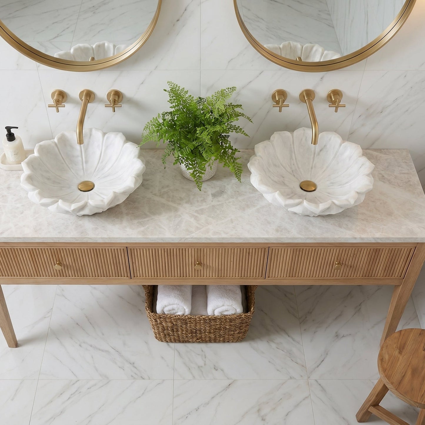 Carrara White Marble Flower Shape Polished Sink (D)18" (H)6"