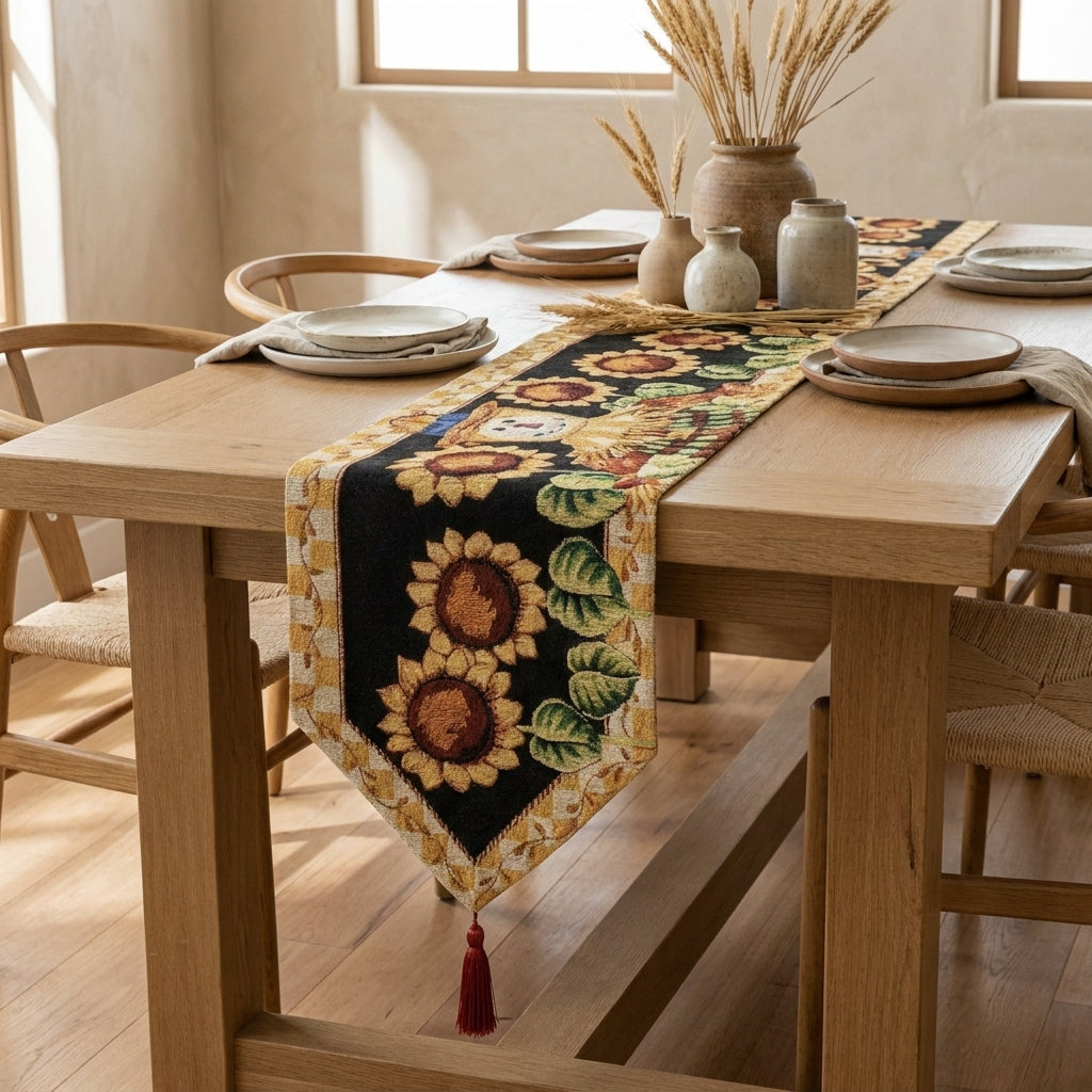 Woven Tapestry Table Runner, Sunflower Field Scarecrow Autumn Harvest