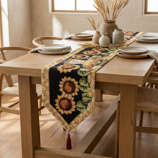 Woven Tapestry Table Runner, Sunflower Field Scarecrow Autumn Harvest