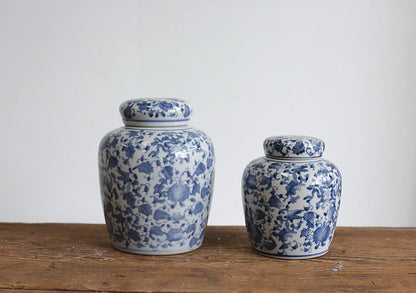 Decorative Blue and White Ceramic Ginger Jar with Lid