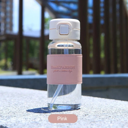 500ml Cute Portable Water Bottle with Straw - Leak-Proof Plastic Drinkware with Premium Leather Cover for Milk, Coffee, Tea