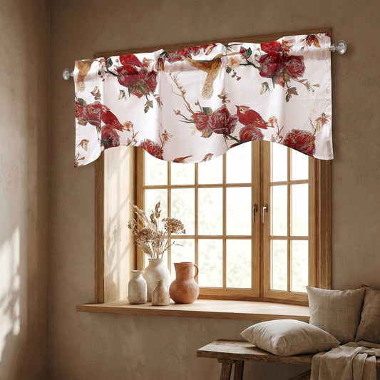 Cotton Scalloped Valance with Burgundy Rose Design