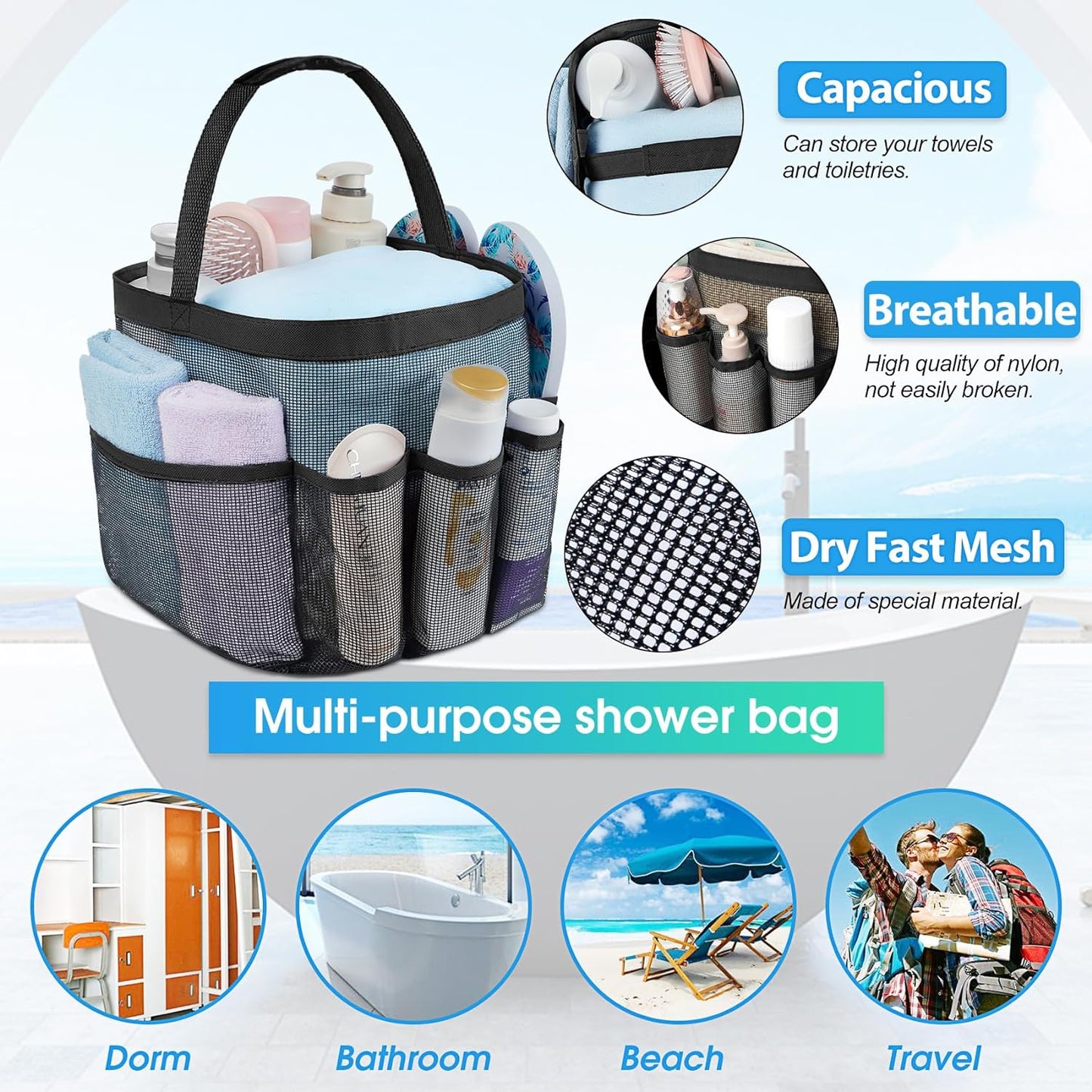 Mesh Shower Caddy Portable for College Dorm Room Essentials with 8 Pockets, Hanging Shower Caddy Dorm Basket, Quick Dry Shower Bag for Bathroom
