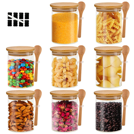 8-Pack Glass Containers with Bamboo Lids,Glass Jars,Glass Food Storage Jars Containers,Kitchen Canisters for Candy,Cookie,Coffee,Sugar,Tea,Nuts,8 Oz/540Ml(8Pcs)