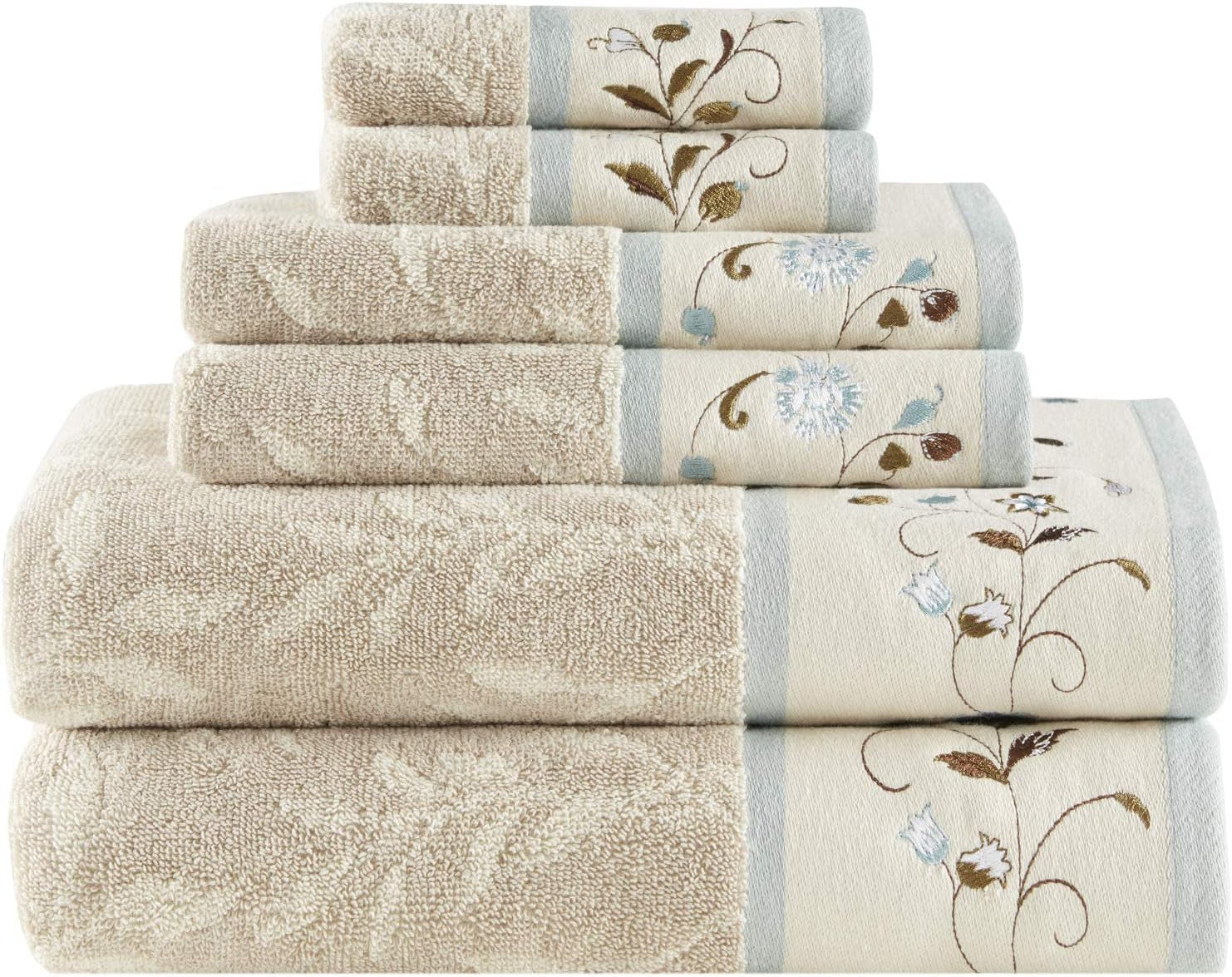 Serene 100% Cotton Bath Towel Set Luxurious Floral Embroidered Cotton Jacquard Design, Soft and Highly Absorbent for Shower, Multi-Sizes, Blue, 4