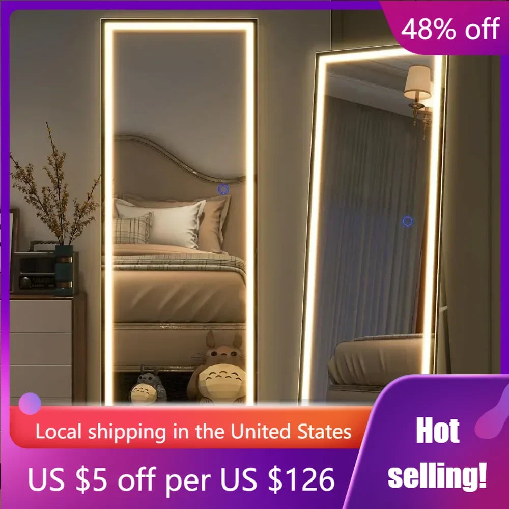 LED Full-Length Mirror 63”x16” - Large Rectangle Standing Mirror with 3-Color Dimmable Lighting, Stepless Dimming, White Frame