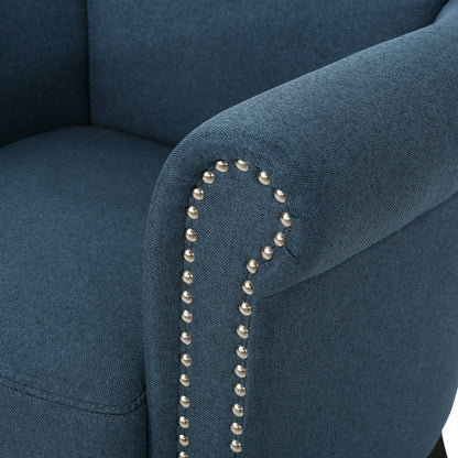 Elegant Navy Blue Fabric Club Chair with Nailhead Trim and Birch Wood Legs