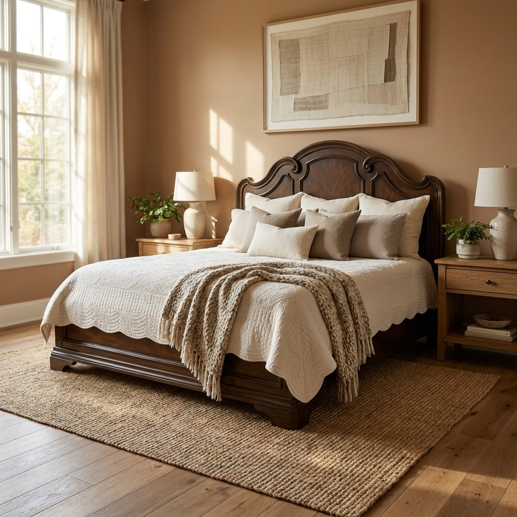 Tan Beige Micro Fleece Scalloped Coral Reef Quilted Bedspread Set