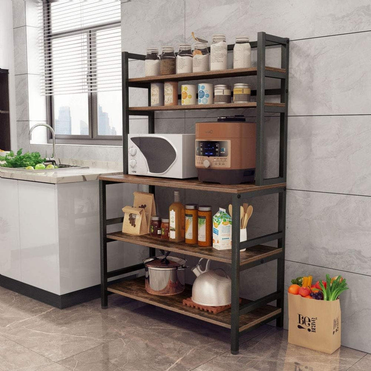 5 Tier Kitchen Bakers Rack With Hutch Microwave Stand