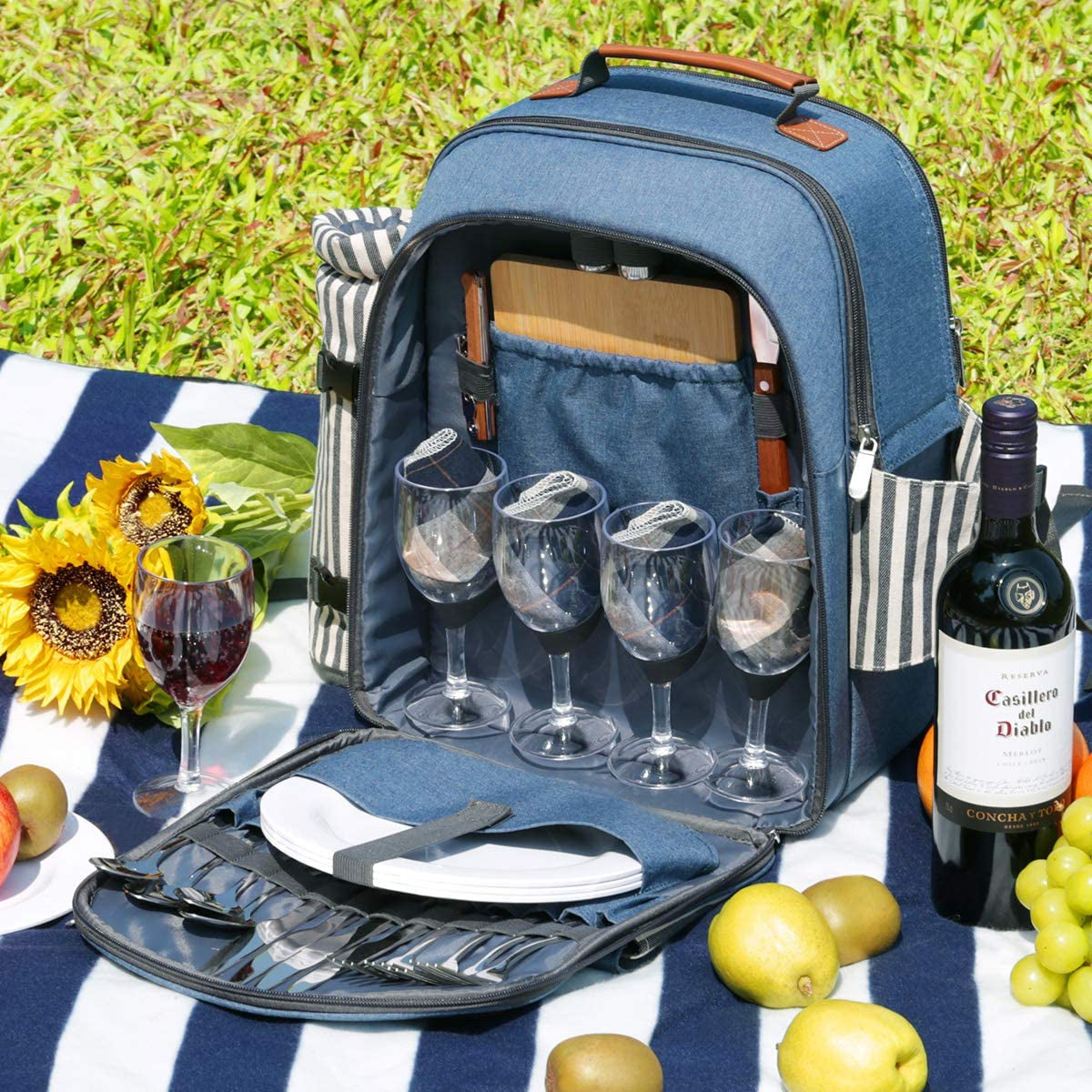Picnic Backpack for 4 Person with Blanket Picnic Basket Set for 2 with Insulated Cooler Wine Pouch for Family Couples (Blue & Stripe)