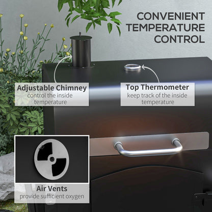 Charcoal Grill with Adjustable Height and Folding Shelves - Black Steel