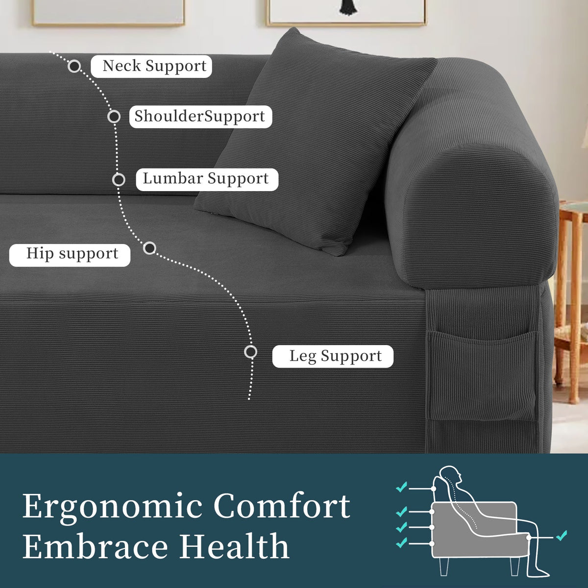 Spring Sofa with High-Quality Fabric and Storage - Gray