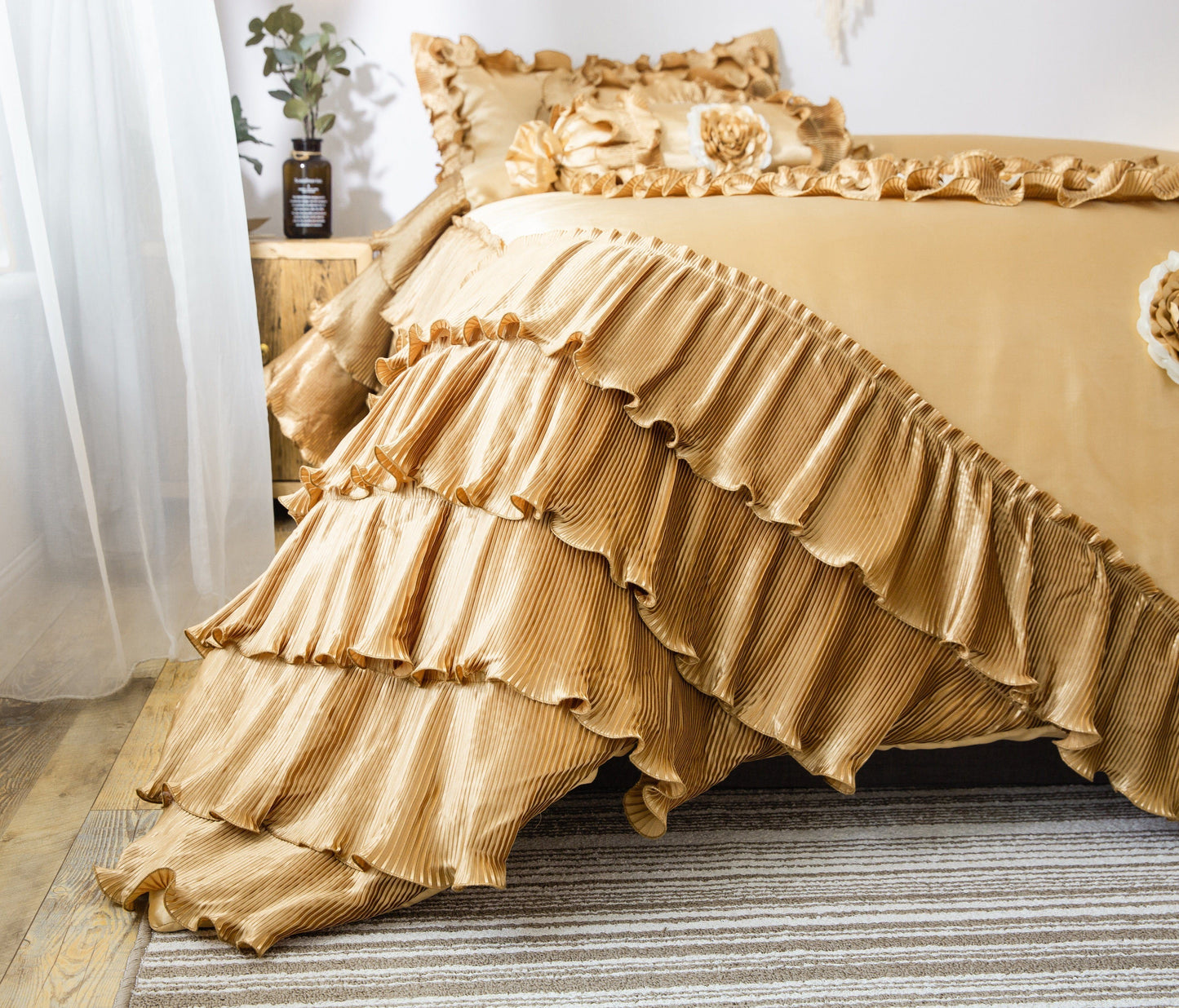 Tache Satin Ruffle Floral Gold Caramel Latte Comforter (BM4578)