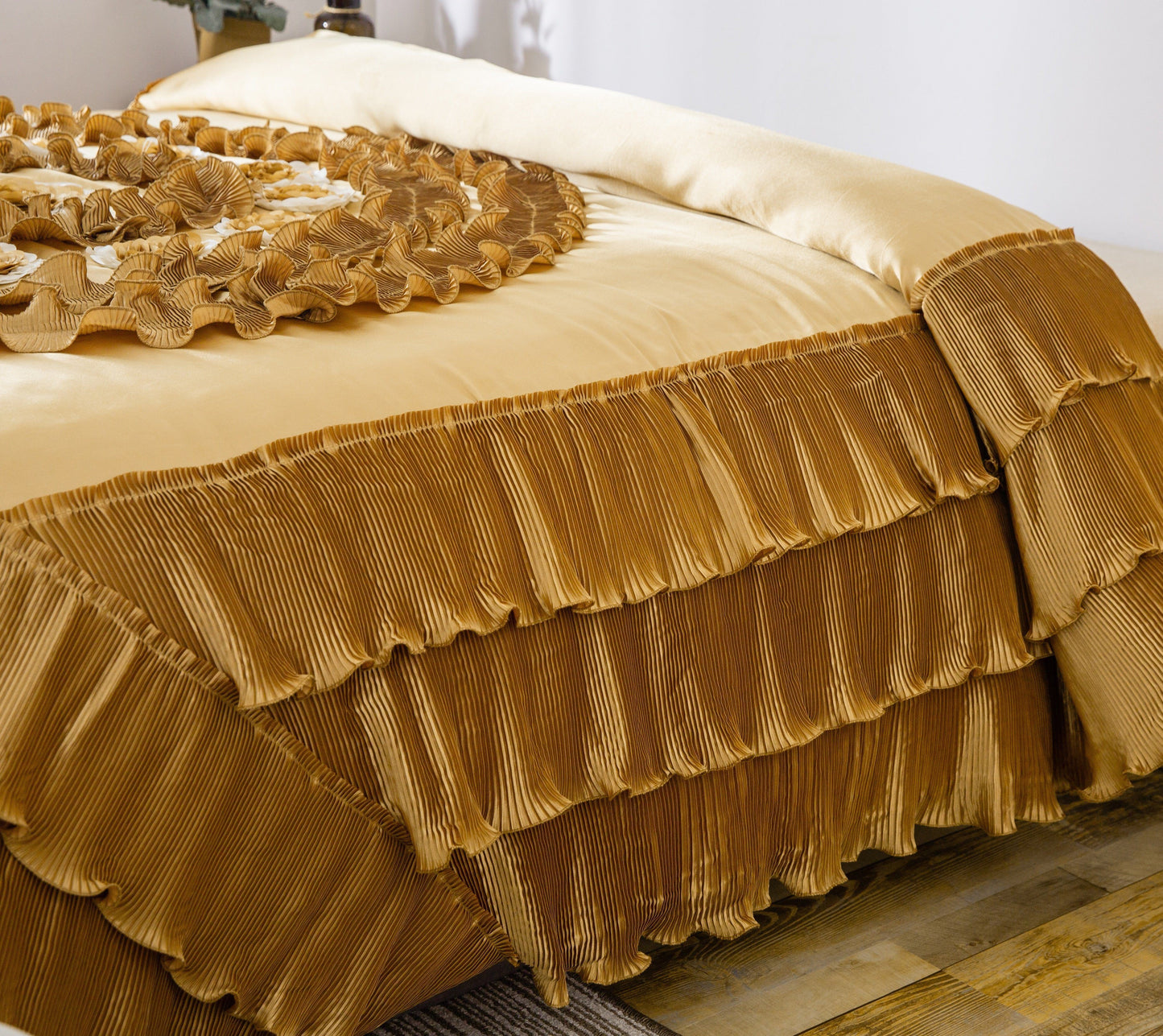 Tache Satin Ruffle Floral Gold Caramel Latte Comforter (BM4578)