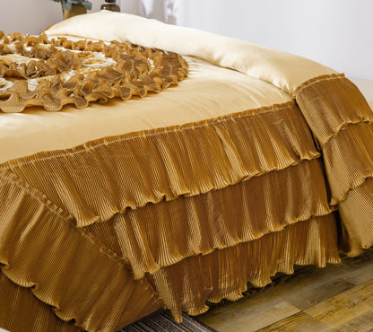Tache Satin Ruffle Floral Gold Caramel Latte Comforter (BM4578)
