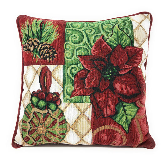 Tache Poinsettia Christmas Festive Patchwork Holiday Tidings Tapestry Throw Pillow Cover (12900CC-1616)