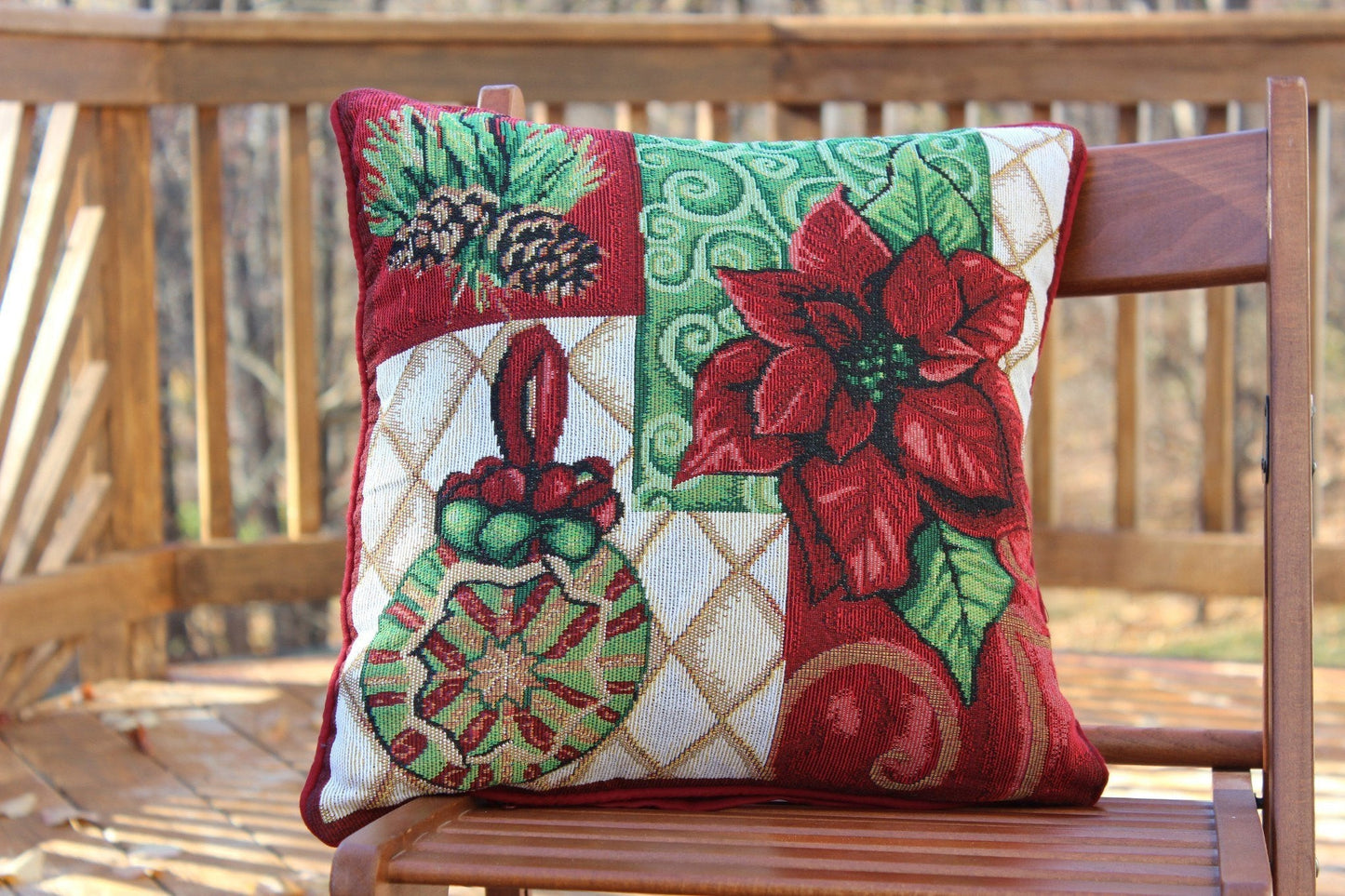 Tache Poinsettia Christmas Festive Patchwork Holiday Tidings Tapestry Throw Pillow Cover (12900CC-1616)