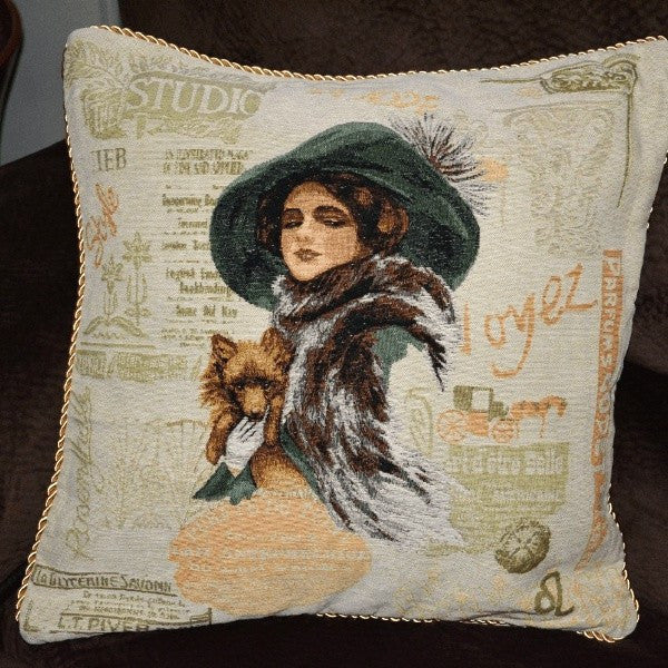 Tache Puppy Day Out French European Postcard Emerald Green Beige Tapestry Throw Pillow Cover (CC-1354)