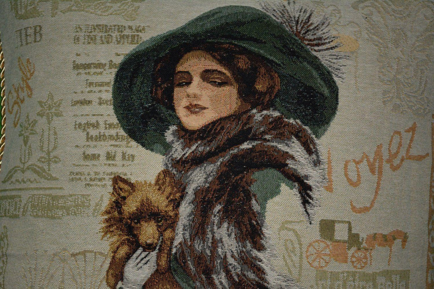 Tache Puppy Day Out French European Postcard Emerald Green Beige Tapestry Throw Pillow Cover (CC-1354)