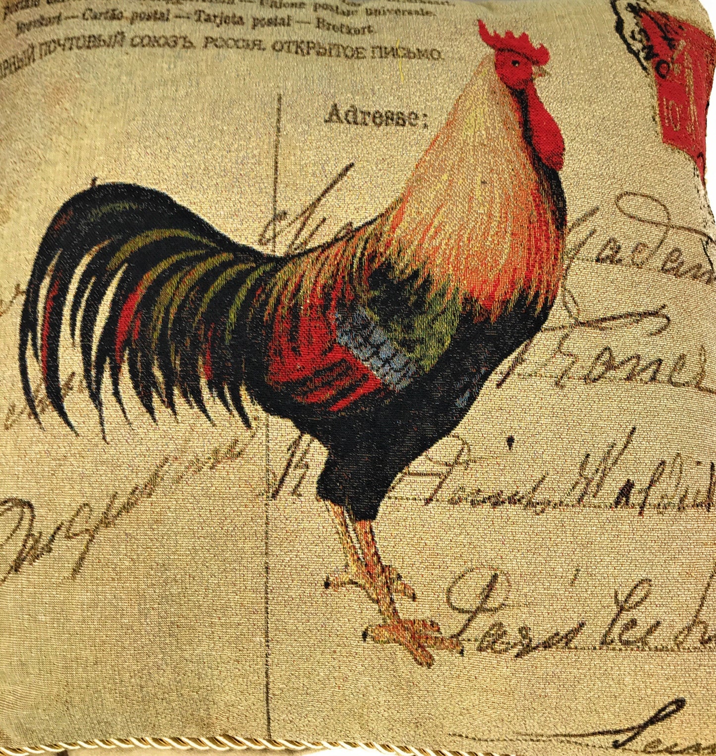 Tache Rooster Postcard European Farmhouse Cottage Vintage Tapestry Woven Throw Pillow Cover (15051)
